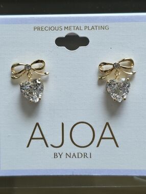 AJOA by Nadri Earrings Small Clear Rhinestone Heart Gold Tone Bow